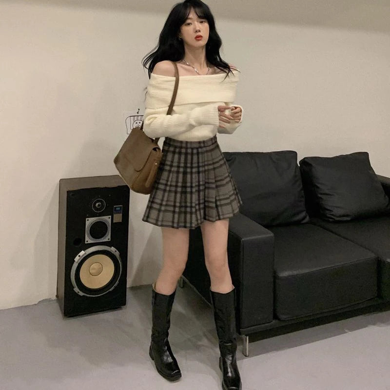 Smvp Slash Neck Knitted Sweater Women Sexy Off Shoulder Long Sleeve Pullovers Female Korean Elegant Thicken Slim Jumpers Top