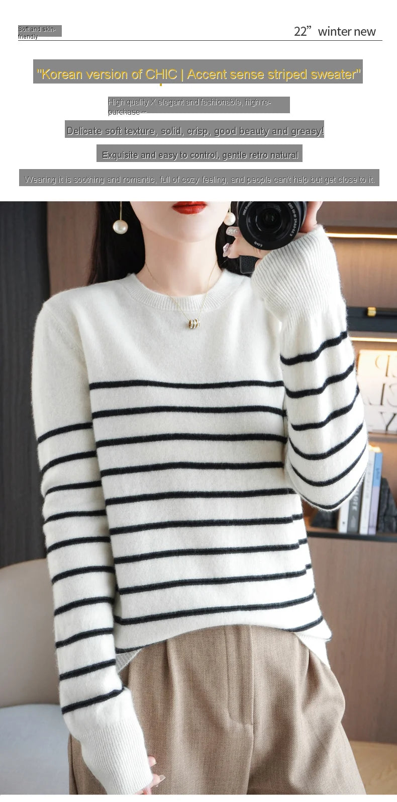 Women's Korean Version Spring Sweater With Dual Color Striped long Sleeved Round Neck New Pullover Sweater Made 100% Cotton  SMY