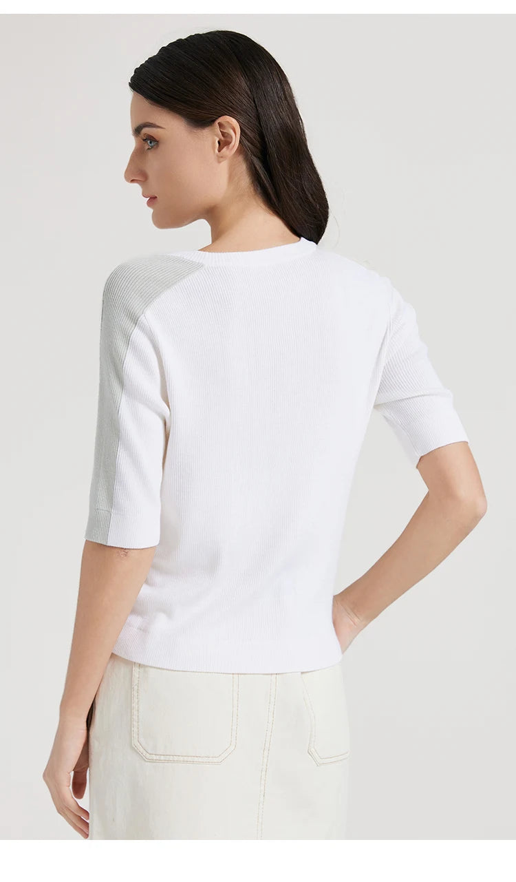 BC1042 Silk Merino Wool Blend Contrast Color Pullover Knitted Sweater for Women Luxury Summer Woolen Ladies Clothing