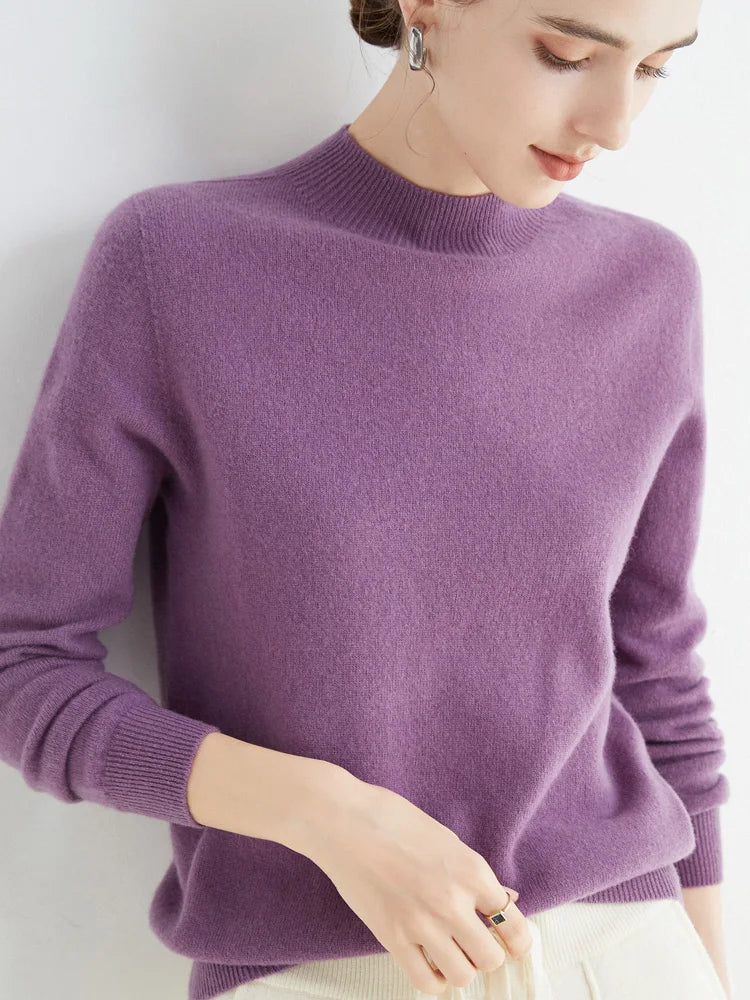 Women 100% Merino Wool Sweater For Autumn Winter  First Line Seamless Half-high Collar Pullover Basic Top OL Solid Soft Cashmere