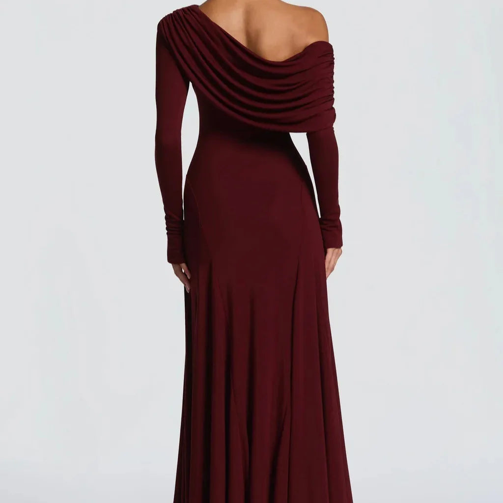 Elegant Long Sleeve Slanted Shoulder Party Club Evening Dress For Women 2025 New Dress Sexy Shrink Fold Winter Vestidos