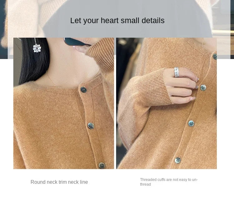 Women's Round Neck Knitted Solid Color Double Pocket Sweater For Autumn And Winter Warm And Loose Knit Cardigan Soft Wool Top ZD