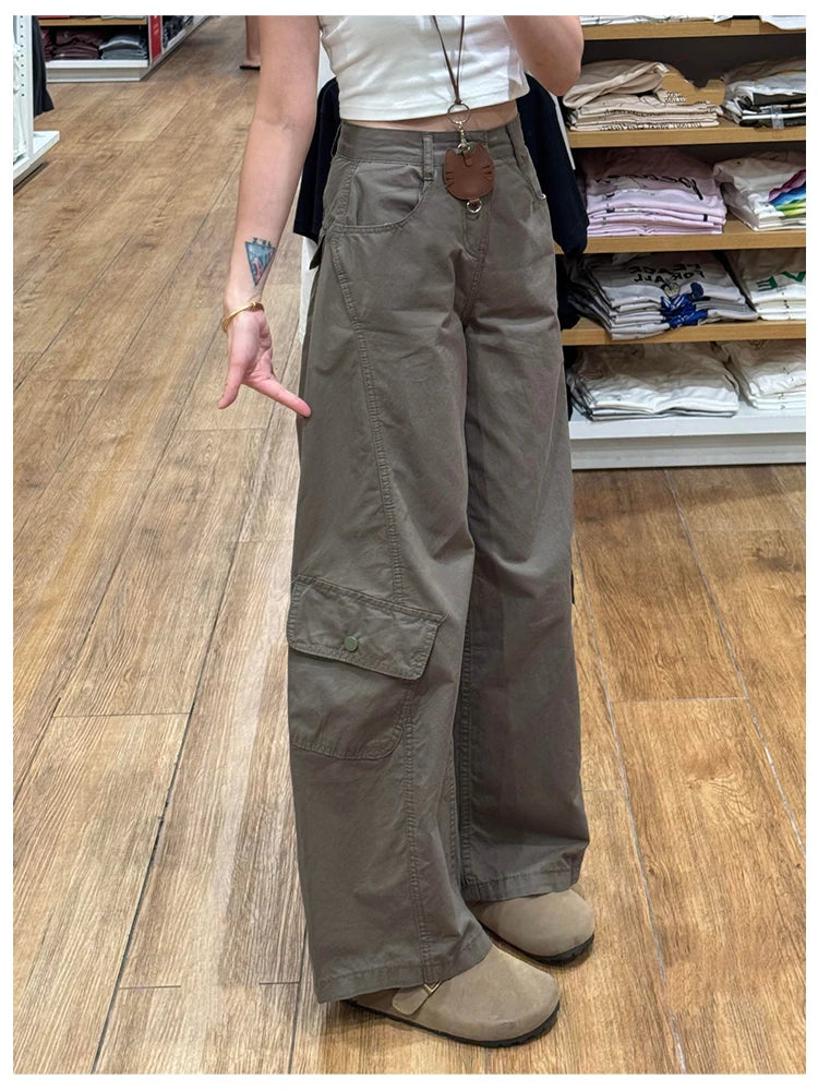 American Style plus Size Military Green Denim Pants Women's Spring Loose Slim Wide Leg Casual Trousers Multiple Pockets