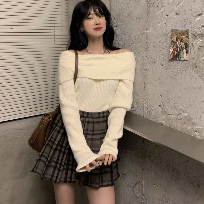 Smvp Slash Neck Knitted Sweater Women Sexy Off Shoulder Long Sleeve Pullovers Female Korean Elegant Thicken Slim Jumpers Top