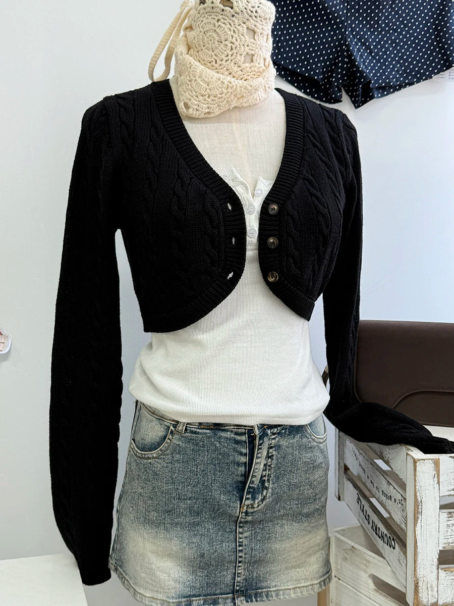 Twisted Flower Cropped Knitwear Women Cotton V-neck Single Breasted Long Sleeve Slim Crop Tops Vintage Chic Sweater Cardigan Y2K