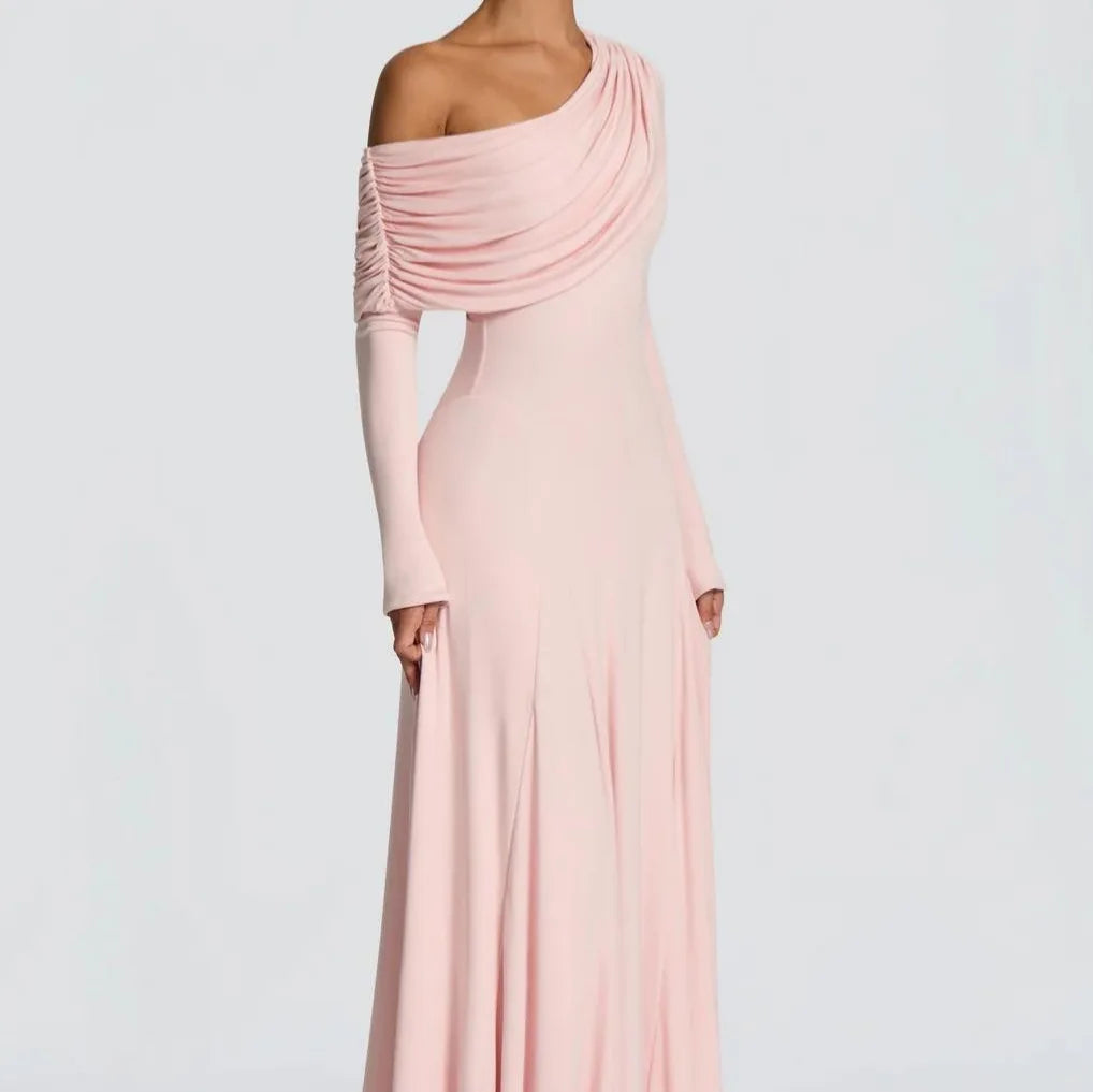 Elegant Long Sleeve Slanted Shoulder Party Club Evening Dress For Women 2025 New Dress Sexy Shrink Fold Winter Vestidos