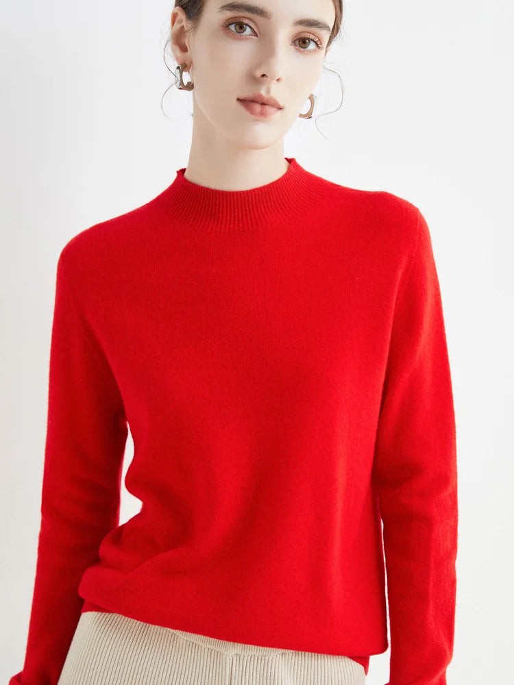 Women 100% Merino Wool Sweater For Autumn Winter  First Line Seamless Half-high Collar Pullover Basic Top OL Solid Soft Cashmere