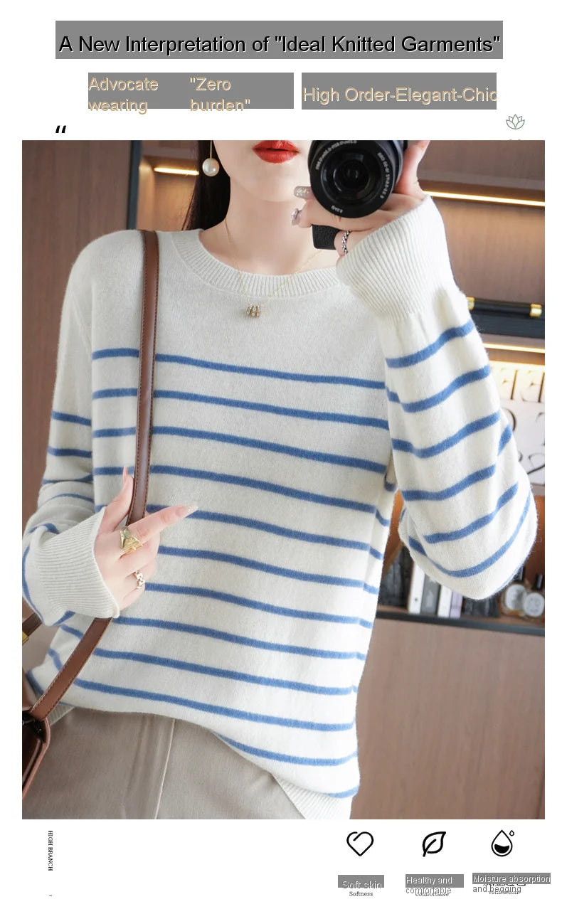 Women's Korean Version Spring Sweater With Dual Color Striped long Sleeved Round Neck New Pullover Sweater Made 100% Cotton  SMY