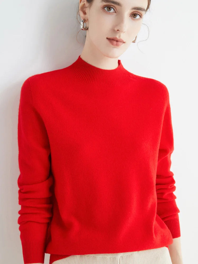 Women 100% Merino Wool Sweater For Autumn Winter  First Line Seamless Half-high Collar Pullover Basic Top OL Solid Soft Cashmere