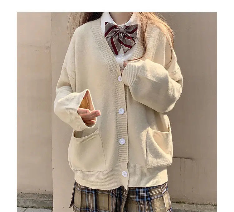 Japanese School Basic Sweaters Women Autumn Kawaii Solid V-neck Loose Knitted Cardigan Preppy Style Uniform Cosplay