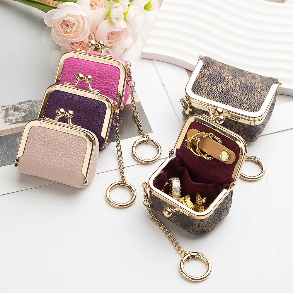 Royal Bagger Wallet Genuine Leather Kiss Lock Coin Purse Solid Color Square Leather Jewelry Bag Multifunctional Mini Small Item