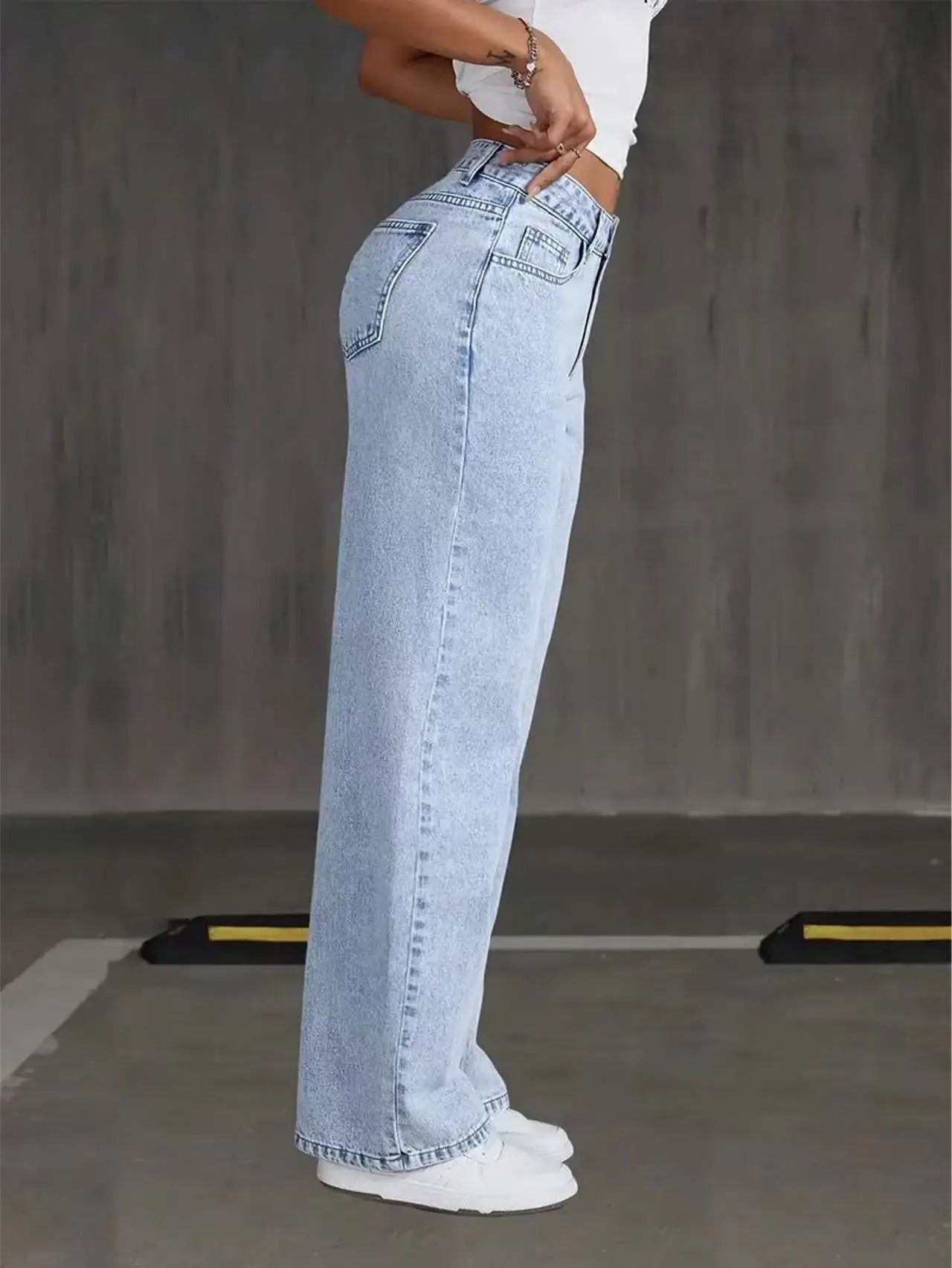 Women's Stretchy Loose Wide-Leg Straight Jeans, Acid-Washed Light Blue, Tummy Control, Casual Comfortable Solid Color Elegant Long Pants