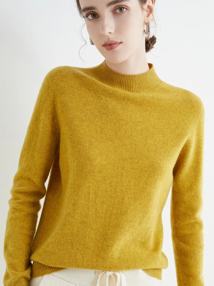Women 100% Merino Wool Sweater For Autumn Winter  First Line Seamless Half-high Collar Pullover Basic Top OL Solid Soft Cashmere
