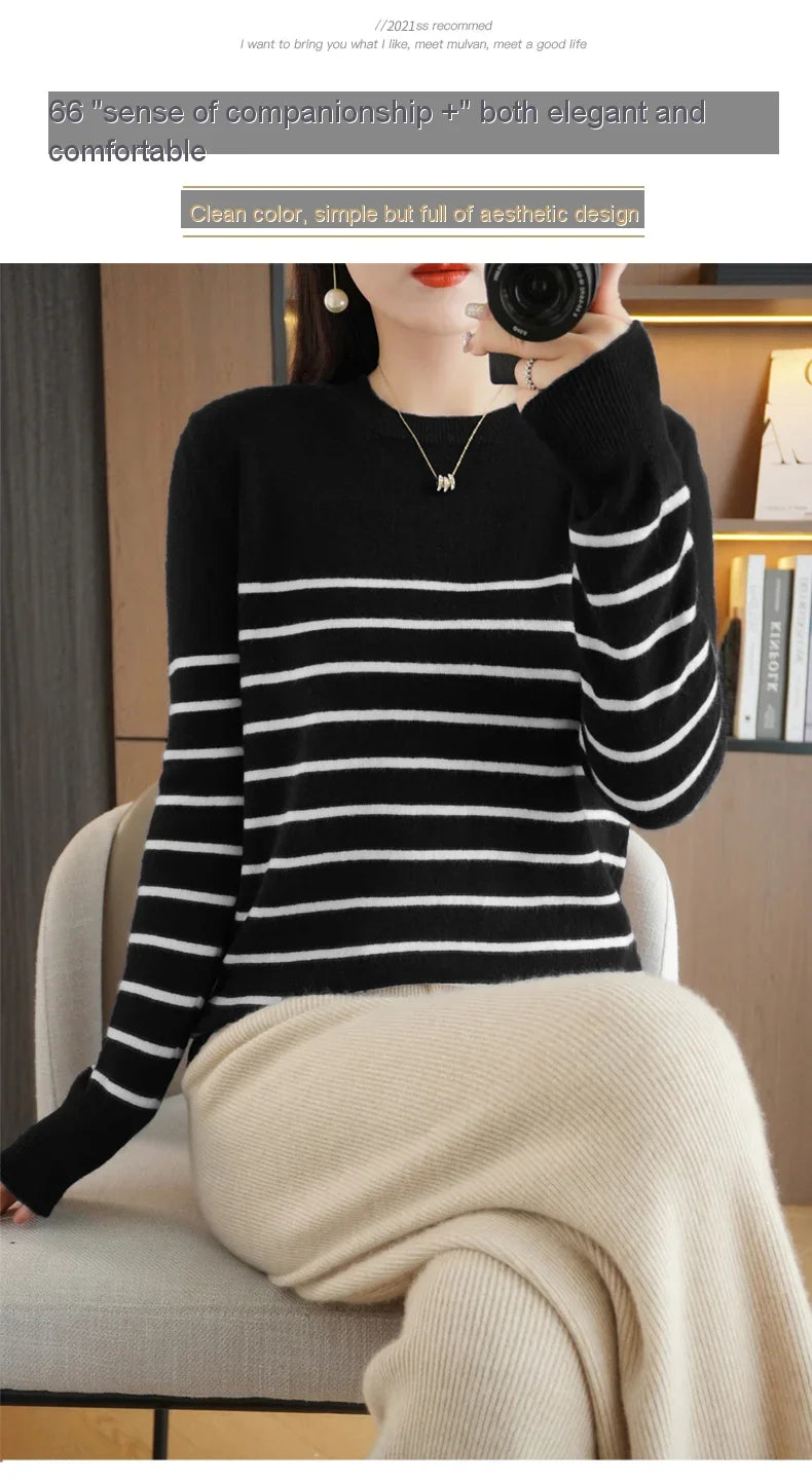 Women's Korean Version Spring Sweater With Dual Color Striped long Sleeved Round Neck New Pullover Sweater Made 100% Cotton  SMY