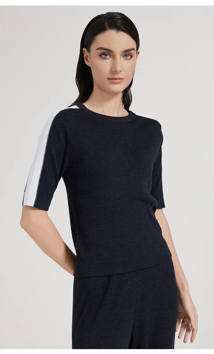 BC1042 Silk Merino Wool Blend Contrast Color Pullover Knitted Sweater for Women Luxury Summer Woolen Ladies Clothing