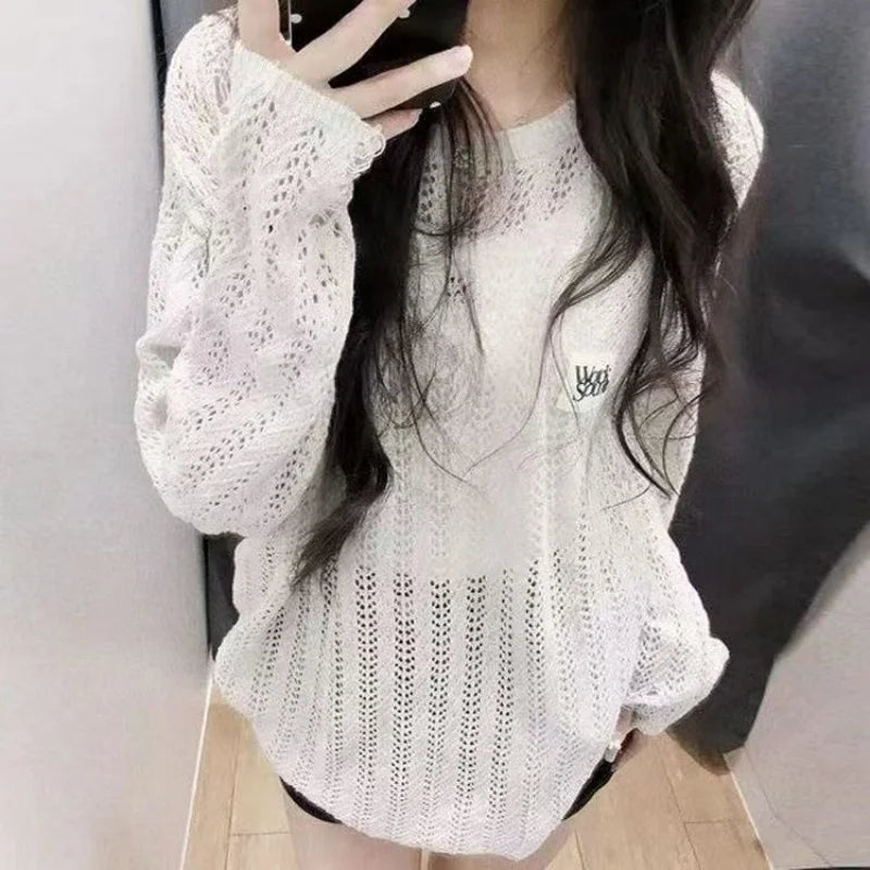 Korean Hollow Out Woman Tshirts  Long Sleeve O-neck Knitted T-shirt For Women Casual Fashion Summer sun protection clothing