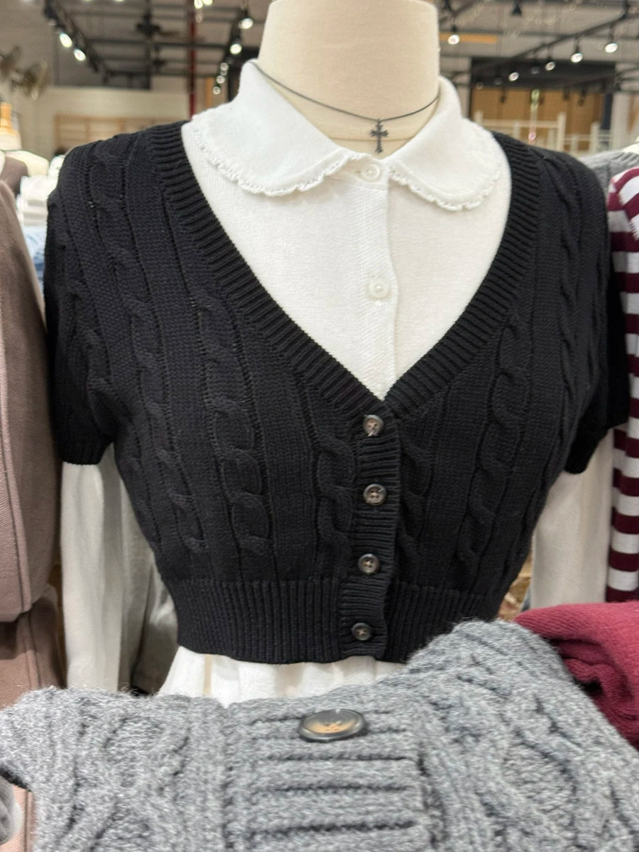 Twisted Flower Cropped Knitwear Women Cotton V-neck Single Breasted Long Sleeve Slim Crop Tops Vintage Chic Sweater Cardigan Y2K