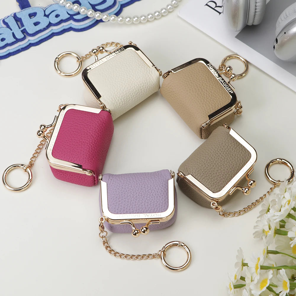 Royal Bagger Wallet Genuine Leather Kiss Lock Coin Purse Solid Color Square Leather Jewelry Bag Multifunctional Mini Small Item
