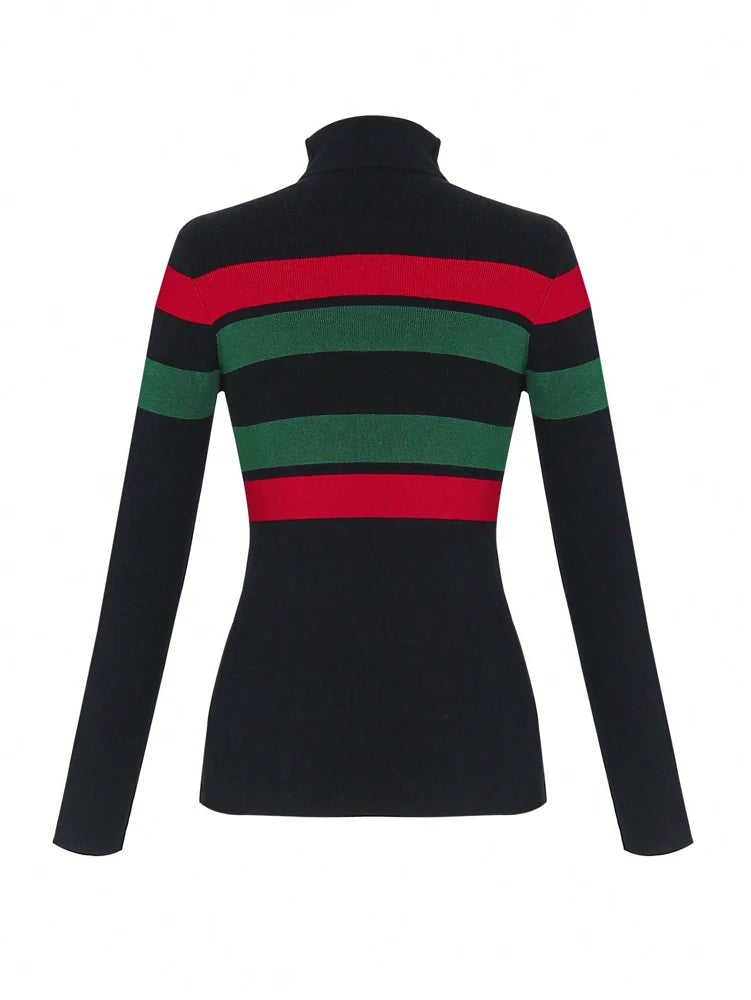 Autumn/Winter Fashion Slim-Fit Sweater Women's High-Neck Straight-Shoulder Long-Sleeve Slim-Fit Striped Knit Pullover