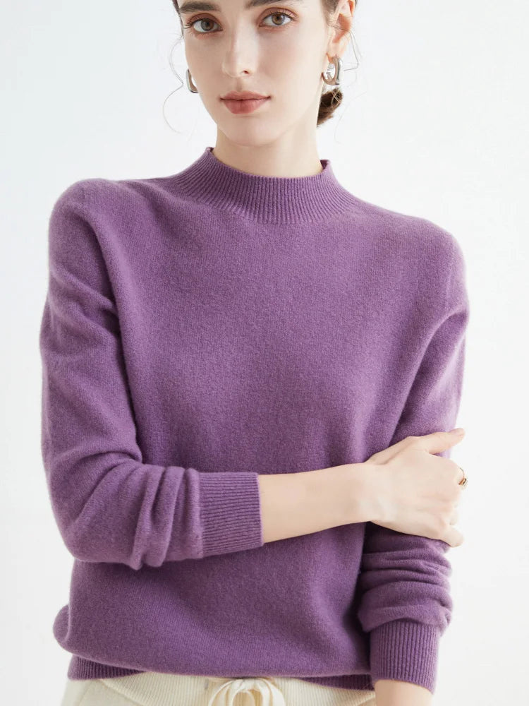 Women 100% Merino Wool Sweater For Autumn Winter  First Line Seamless Half-high Collar Pullover Basic Top OL Solid Soft Cashmere