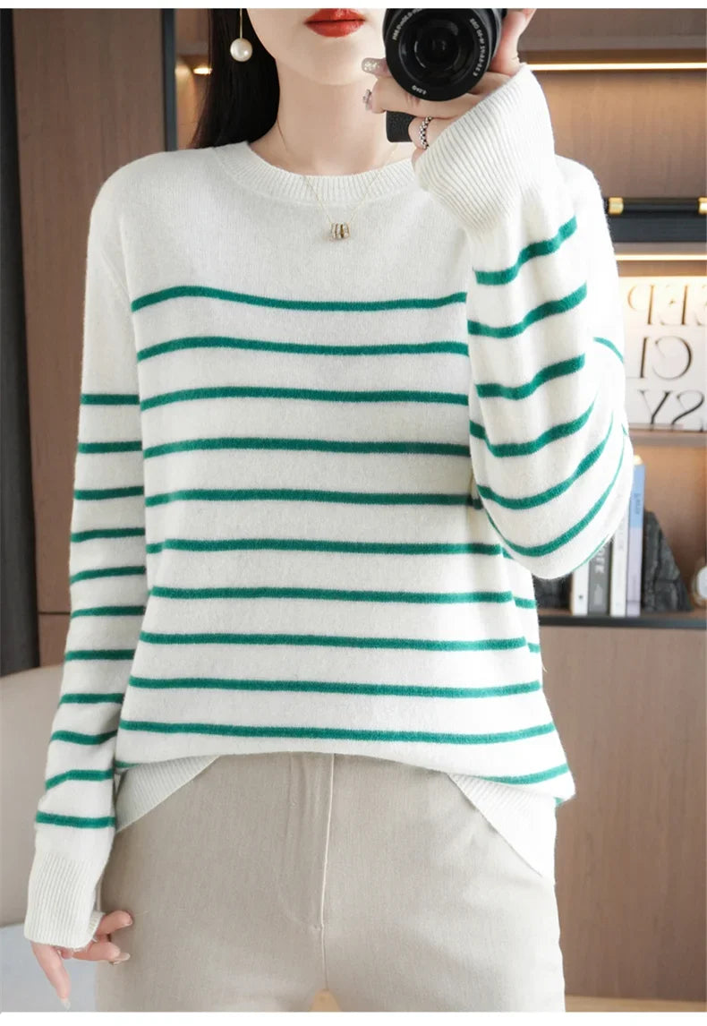 Women's Korean Version Spring Sweater With Dual Color Striped long Sleeved Round Neck New Pullover Sweater Made 100% Cotton  SMY