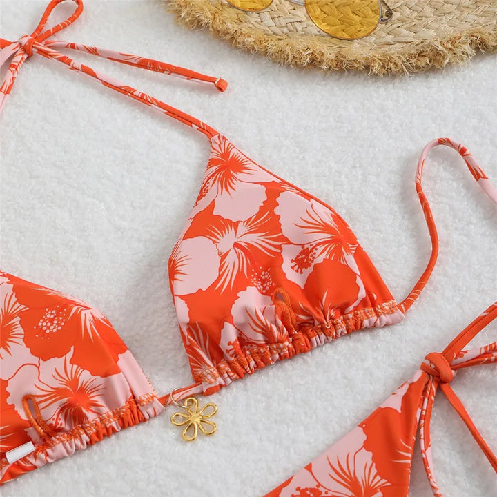 Blue Floral Print Swimwear Halter String Triangle Bikini Micro Mini Thong Sexy Swimsuit Women 2026 Bather Biquinis Bikinis Sets