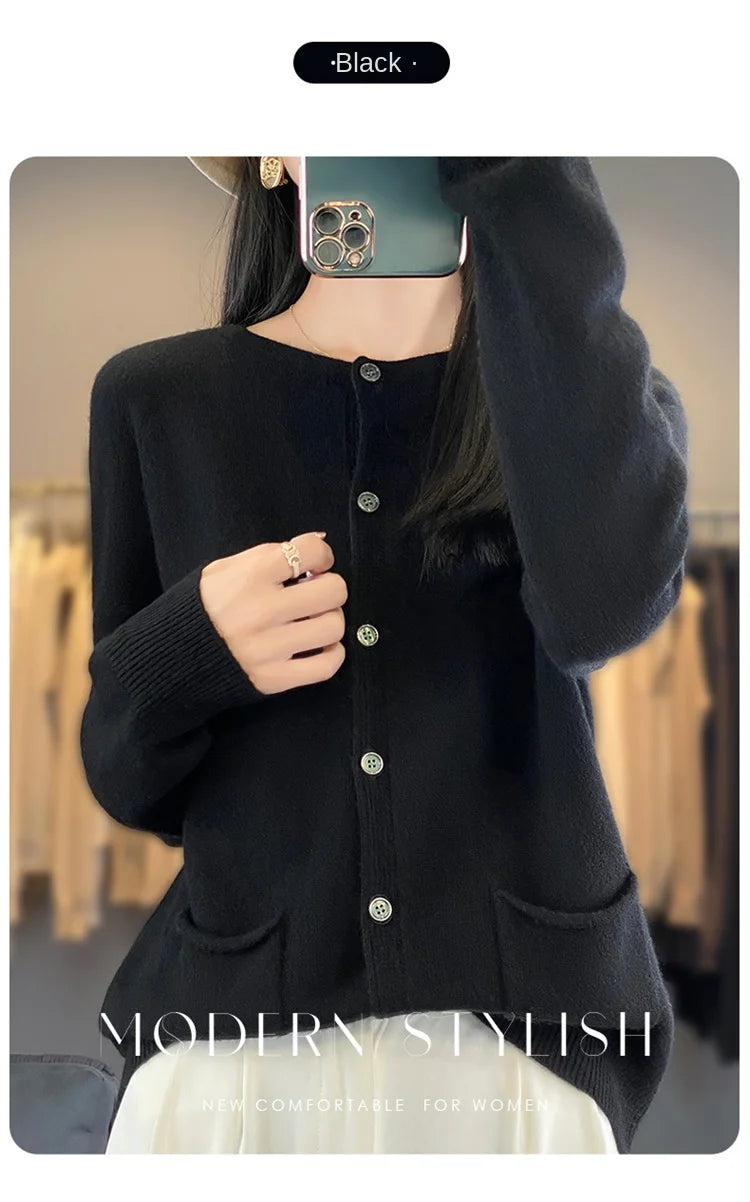 Women's Round Neck Knitted Solid Color Double Pocket Sweater For Autumn And Winter Warm And Loose Knit Cardigan Soft Wool Top ZD