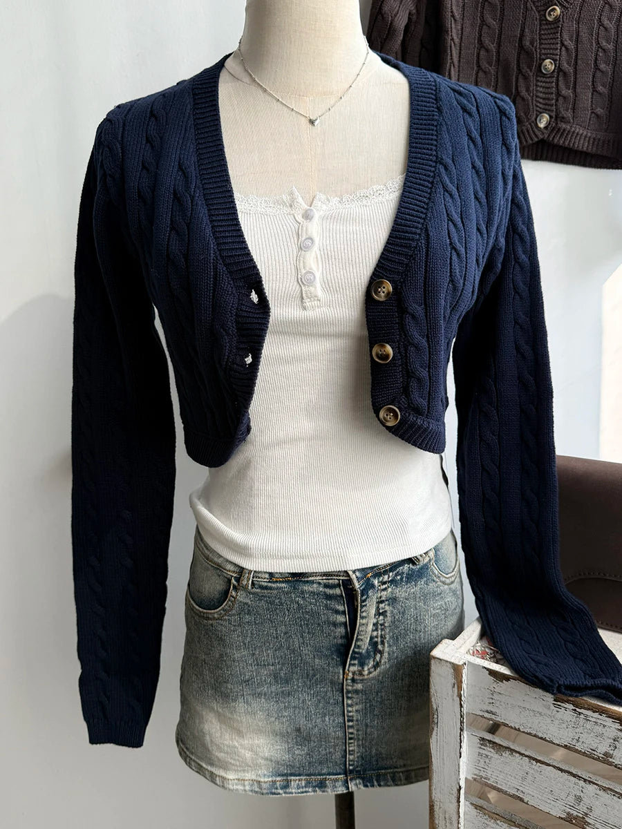Twisted Flower Cropped Knitwear Women Cotton V-neck Single Breasted Long Sleeve Slim Crop Tops Vintage Chic Sweater Cardigan Y2K