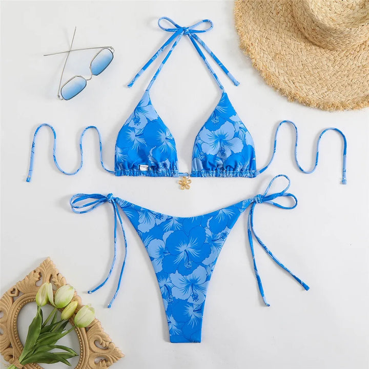 Blue Floral Print Swimwear Halter String Triangle Bikini Micro Mini Thong Sexy Swimsuit Women 2026 Bather Biquinis Bikinis Sets