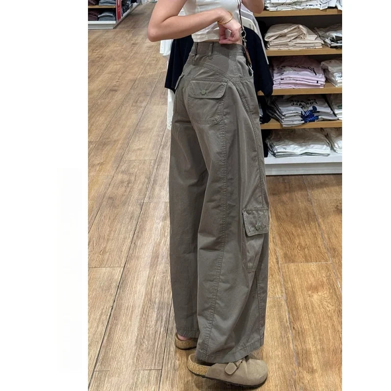 American Style plus Size Military Green Denim Pants Women's Spring Loose Slim Wide Leg Casual Trousers Multiple Pockets