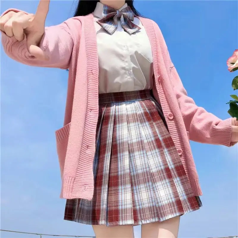 Japanese School Basic Sweaters Women Autumn Kawaii Solid V-neck Loose Knitted Cardigan Preppy Style Uniform Cosplay