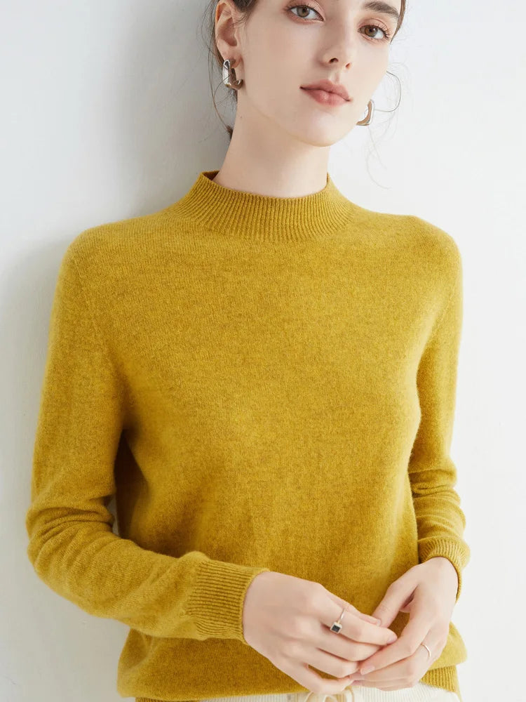 Women 100% Merino Wool Sweater For Autumn Winter  First Line Seamless Half-high Collar Pullover Basic Top OL Solid Soft Cashmere