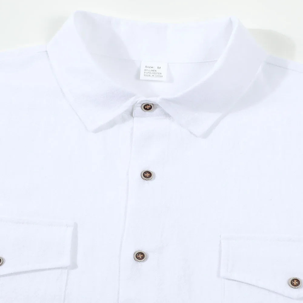 2026 New Men's Long Sleeve Casual Shirt Double Chest Pocket Button Up Shirt Soft Cotton Linen Men's Daily Work Tops