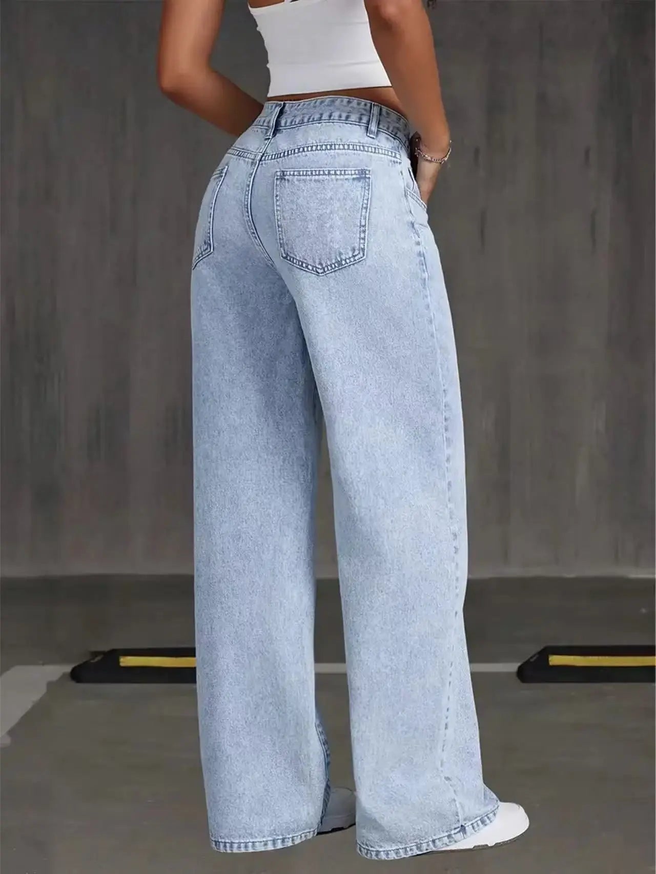 Women's Stretchy Loose Wide-Leg Straight Jeans, Acid-Washed Light Blue, Tummy Control, Casual Comfortable Solid Color Elegant Long Pants