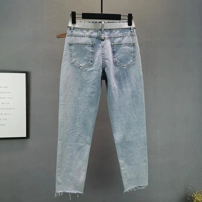Heavy industry Diamond studded ripped Jeans Women's Street wear 2025 Summer New Loose Nine point Pants Casual Denim Trousers