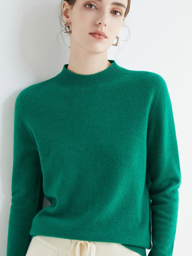 Women 100% Merino Wool Sweater For Autumn Winter  First Line Seamless Half-high Collar Pullover Basic Top OL Solid Soft Cashmere
