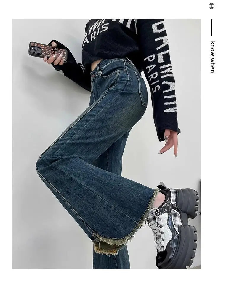 Plus-size slit elastic flared jeans for women, autumn high-waisted slimming straight wide-leg floor-length pants for plus-size