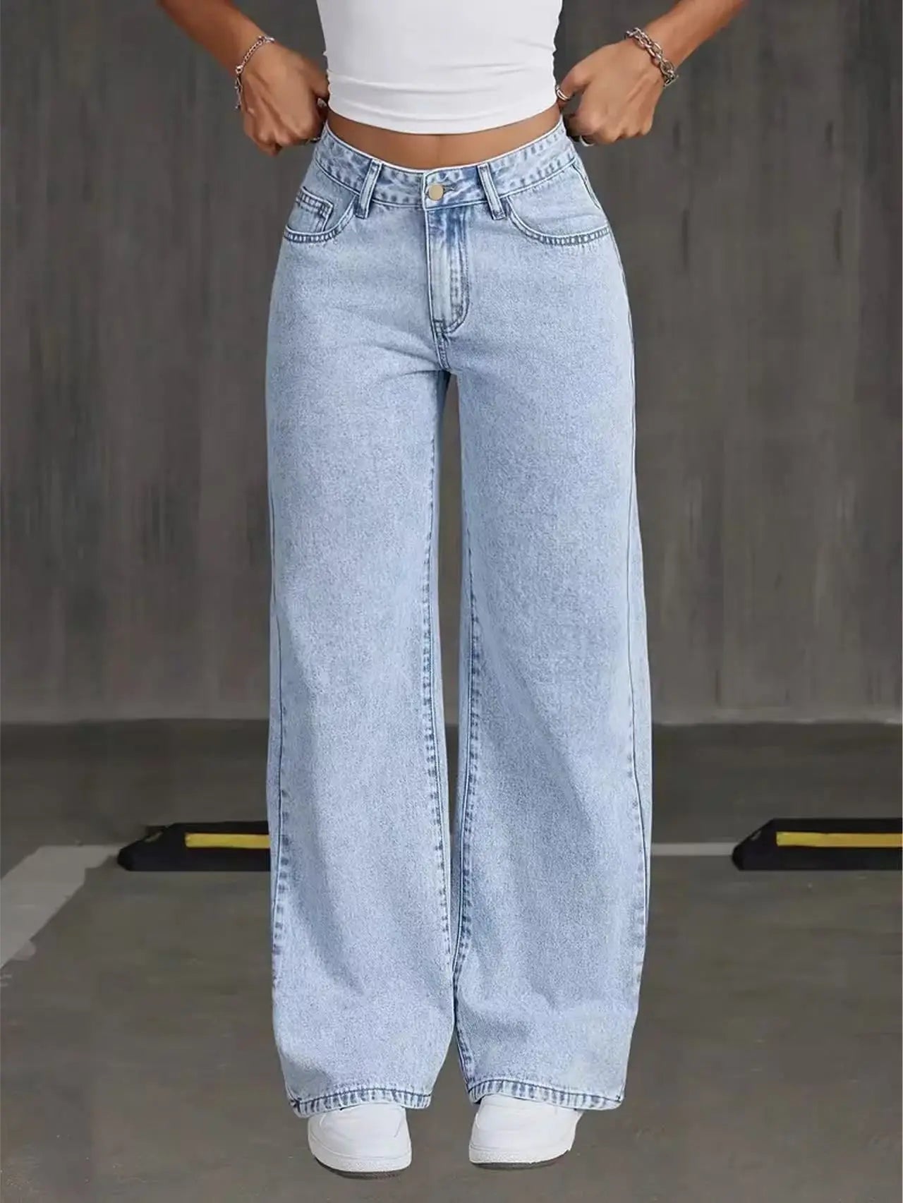 Women's Stretchy Loose Wide-Leg Straight Jeans, Acid-Washed Light Blue, Tummy Control, Casual Comfortable Solid Color Elegant Long Pants