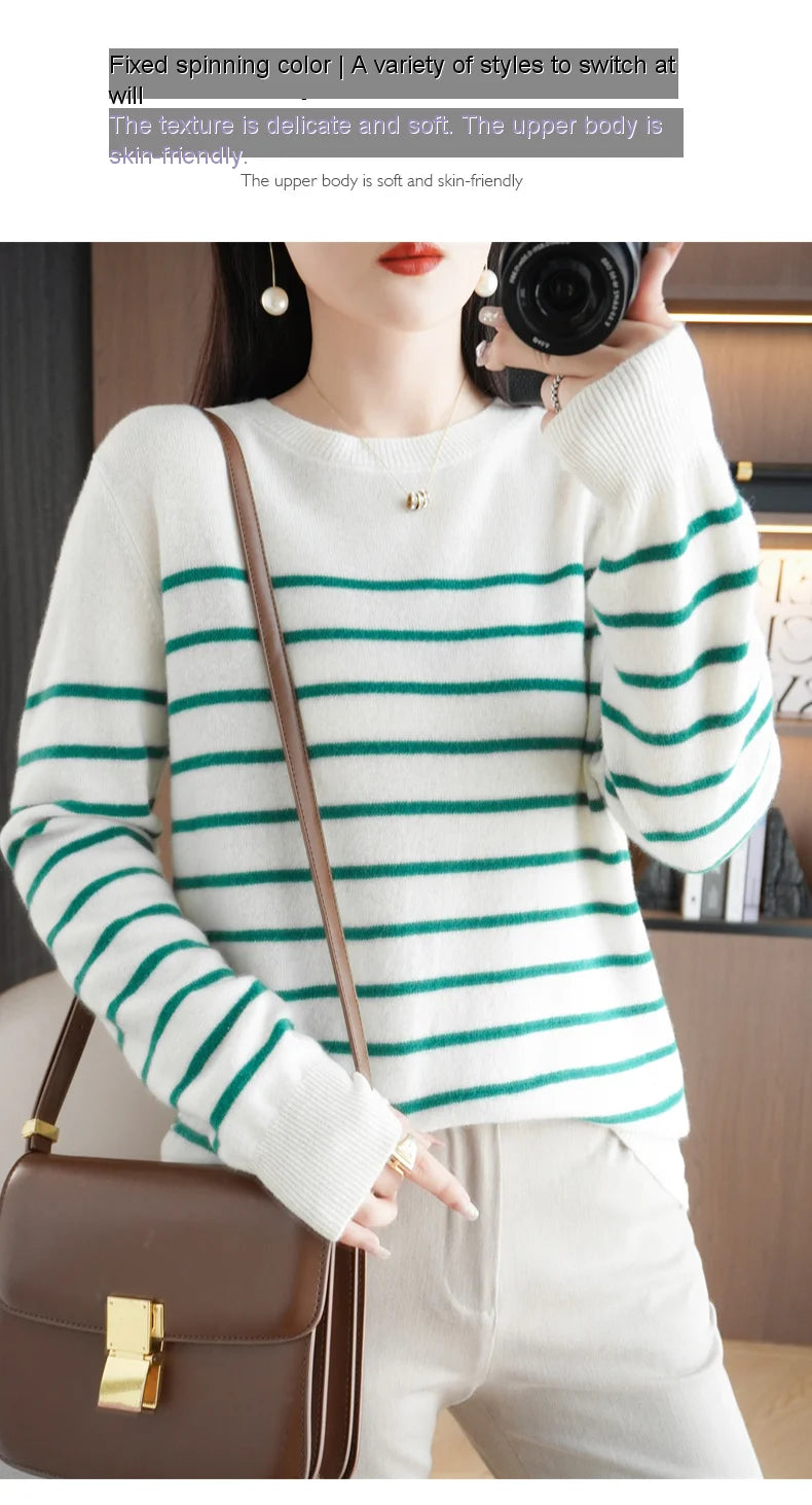 Women's Korean Version Spring Sweater With Dual Color Striped long Sleeved Round Neck New Pullover Sweater Made 100% Cotton  SMY
