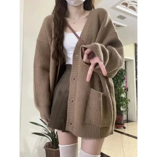 2024 New Preppy Style Women's Knit Sweater Cardigan Loose Fit V-neck Versatile Solid Color Korean Version Pullovers