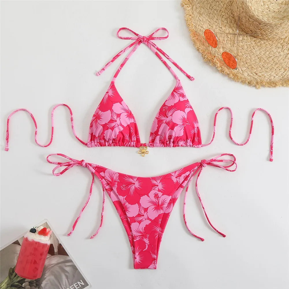 Blue Floral Print Swimwear Halter String Triangle Bikini Micro Mini Thong Sexy Swimsuit Women 2026 Bather Biquinis Bikinis Sets