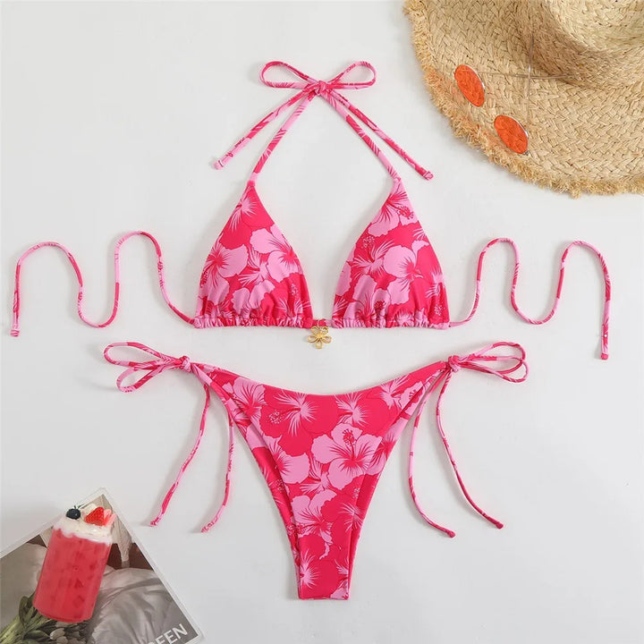 Blue Floral Print Swimwear Halter String Triangle Bikini Micro Mini Thong Sexy Swimsuit Women 2026 Bather Biquinis Bikinis Sets