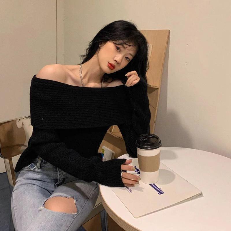 Smvp Slash Neck Knitted Sweater Women Sexy Off Shoulder Long Sleeve Pullovers Female Korean Elegant Thicken Slim Jumpers Top