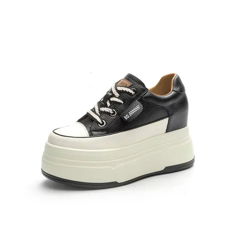 Fujin 9cm 3 inch comfortable platform sneakers for women Genuine Leather Women Vulcanized Shoes Platform High Heels Casual Shoes