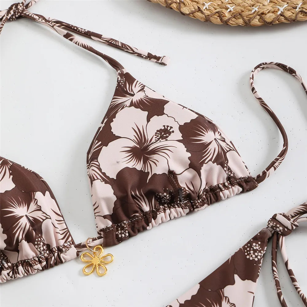 Blue Floral Print Swimwear Halter String Triangle Bikini Micro Mini Thong Sexy Swimsuit Women 2026 Bather Biquinis Bikinis Sets