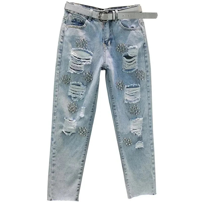 Heavy industry Diamond studded ripped Jeans Women's Street wear 2025 Summer New Loose Nine point Pants Casual Denim Trousers