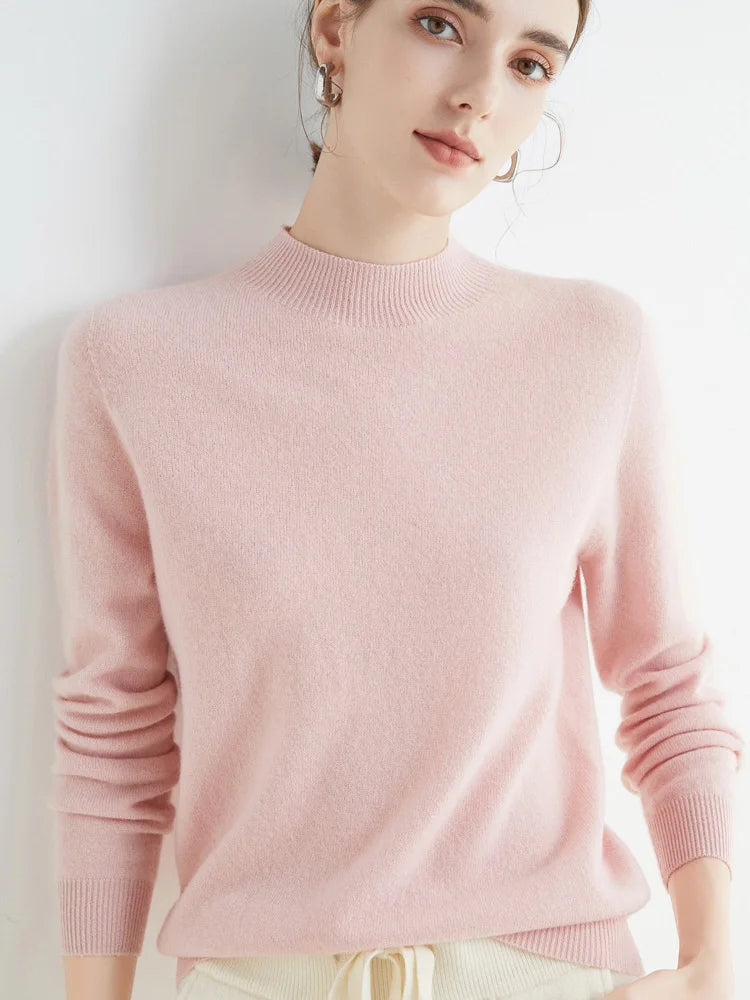 Women 100% Merino Wool Sweater For Autumn Winter  First Line Seamless Half-high Collar Pullover Basic Top OL Solid Soft Cashmere