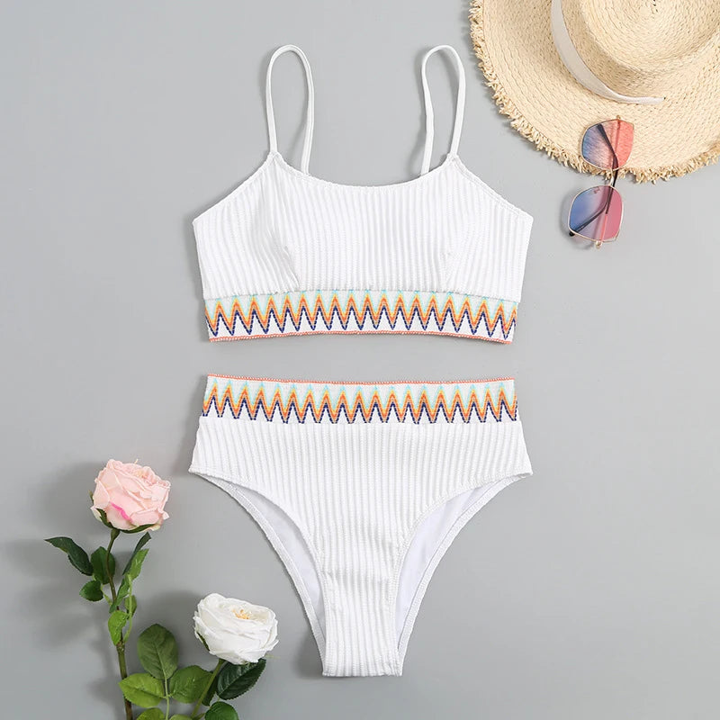 Sexy High Waist Swimsuit Women White Bikini 2025 Patchwork Swimwear Female Biquini Brazilian Bikini Set Beachwear Bathing Suit
