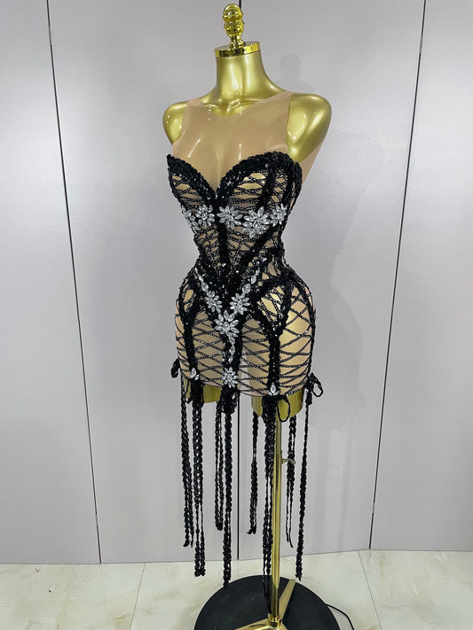 2025 Sparkle Sequins Embroider Diamonds Sleeveless Long Tassel Mini Dress Women Celebrate Evening Birthday Dress Stage Costume