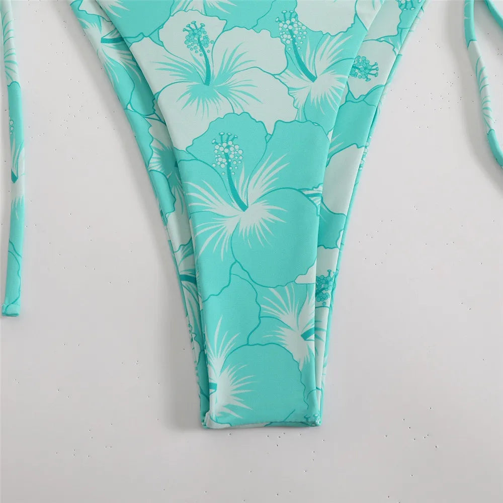 Blue Floral Print Swimwear Halter String Triangle Bikini Micro Mini Thong Sexy Swimsuit Women 2026 Bather Biquinis Bikinis Sets